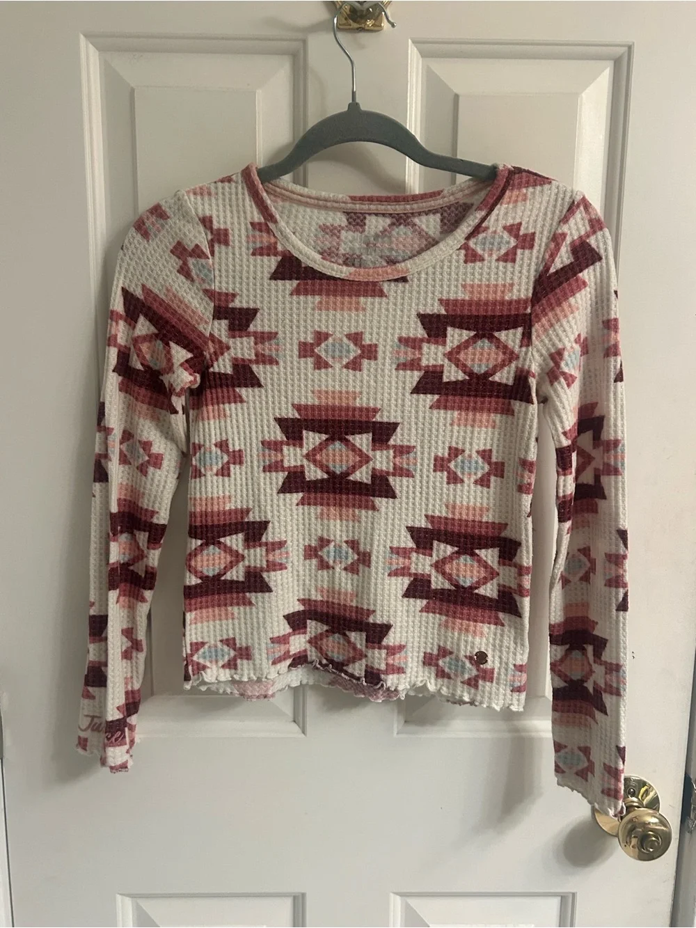 Girls Justice Cream and Burgundy Aztec Waffle-Knit Long Sleeve Top